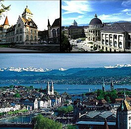 Top left: National Museum, Top right: Swiss Federal Institute of Technology, Bottom: View over Zürich and the lake.