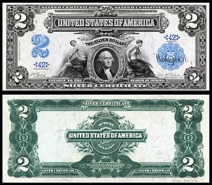 Obverse and reverse of an 1899 two-dollar silver certificate