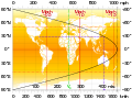 Image 26Plot of latitude versus tangential speed. The dashed line shows the Kennedy Space Center example. The dot-dash line denotes typical airliner cruise speed. (from Earth's rotation)