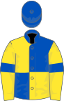 Royal blue and yellow (quartered), yellow sleeves, royal blue armlets, royal blue cap