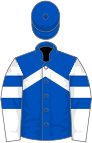 Royal blue, white inverted chevron, white sleeves, two blue armlets
