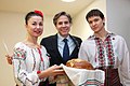 Antony Blinken is welcomed to the Embassy Chisinau community with the offering of traditional Moldovan bread and salt in March 2015