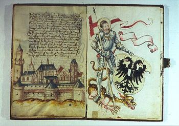 Salbuch des Klosters Naumburg, letzte Seite des Urkundentextes, darunter Ansicht der Burg Friedberg, rechts der Heilige Georg