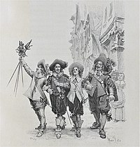 D'Artagnan och de tre musketörerna. Illustration av Maurice Leloir 1894.