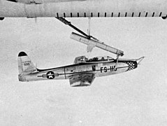 A Republic F-84E on FICON trapeze