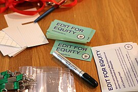 Materials at check-in table, Edit for Equity event, Wellington