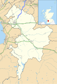 Mapa konturowa East Ayrshire, blisko centrum po lewej na dole znajduje się punkt z opisem „Dalmellington”