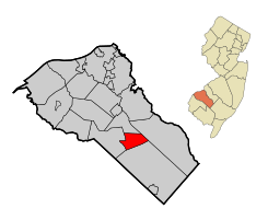 Location of Clayton in Gloucester County highlighted in red (left). Inset map: Location of Gloucester County in New Jersey highlighted in orange (right).