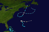 Map of the western Atlantic Ocean depicting two storm tracks