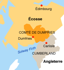 Carte localisant Édimbourg, le comté de Dumfries (sud-ouest de l'Écosse), séparé du Cumberland (nord-ouest de l'Angleterre) par un golfe, le Solway Firth.