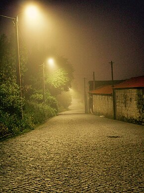 Imagem noturna de rua de Vila Nova da Telha