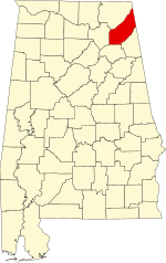 Map of Alabama highlighting DeKalb County