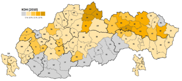 Mapa podielu hlasov pre KDH v okresoch Slovenska