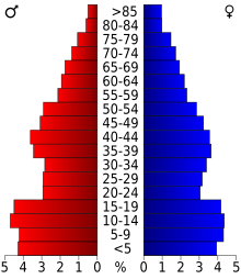 Schéma représentant la population du comté, par tranche d'âge. En rouge, à gauche, les femmes, en bleu à droite, les hommes.