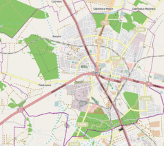 Mapa konturowa Zgierza, po prawej nieco u góry znajduje się punkt z opisem „Zgierz Jaracza”