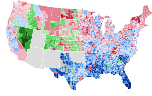 Results by county, shaded according to winning candidate's percentage of the vote