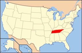 Peta Amerika Syarikat dengan nama Tennessee ditonjolkan