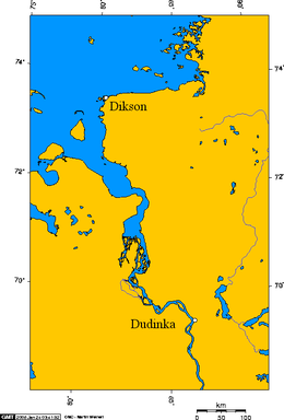 Doedinka en Dikson en de benedenloop van de Jenisej