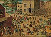 Children playing an encyclopedic 80 games in a street scene in Pieter Bruegel the Elder's 1560 painting, Children's Games