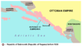 Accessi al mare dell'impero ottomano dal 1699: Neum a nord, Sutorina a sud. I territori dell'impero asburgico erano parte della Serenissima fino al 1797: la zona settentrionale apparteneva alla Dalmazia veneta, mentre quella meridionale all'Albania veneta