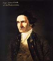 Severe-looking man, clean-shaven and with a high forehead, wearing an open coat, white shirt and embroidered waistcoat. A legend in the top left corner identifies him as "Capt. James Cook of the Endeavour".