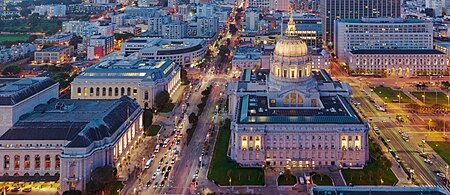 War Memorial Opera House (left) and San Francisco City Hall (right) in the SF Civic Center