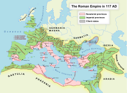 Kekaisaran Romawi tahun 117 M pada masa kejayaan, saat kematian Trajanus.[1]