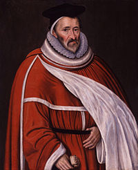 A portrait of Sir Edmund Anderson. Sir Anderson stands in bellowing orange Justice's robes, with a scroll in his left hand.