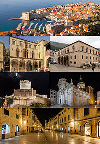 În partea de sus: orașul vechi Dubrovnik, a doua stânga: Palatul Sponza, a doua dreapta: Palatul rectorului, a treia stânga: zidurile orașului, a treia dreapta: Catedrala Dubrovnik, partea de jos: Stradun, strada principală a orașului