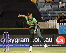 Nahida bowling for Bangladesh during the 2020 ICC Women's T20 World Cup