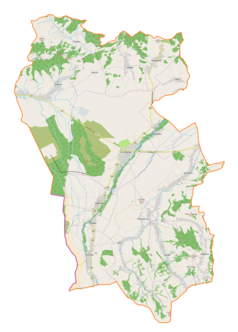 Mapa konturowa gminy Czarny Dunajec, u góry znajduje się punkt z opisem „Parafia św. Marii Magdaleny w Odrowążu”