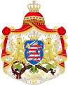 Lesser coat of arms of the Grand Duchy of Hesse, using the coat of arms of the duchy itself, with the crown of a Grand Duchy and two lions as supporters (1806 to 1918)