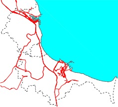 Mapa konturowa Trójmiasta, blisko centrum na dole znajduje się punkt z opisem „Gdańsk Wrzeszcz”