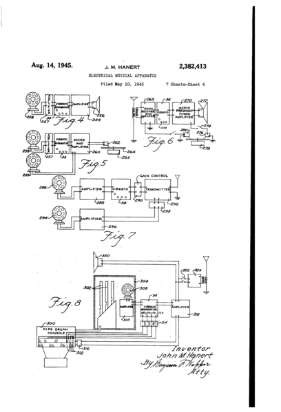 File:US2382413 Electrical musical aparatus (1943-05-10 filed, 1945-08-14 published) by John M Hanert - Hammond Vibrato Scanner - p.4 Fig.4, 5, 6, 7, 8.png