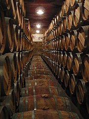 Wine barrels in a cellar