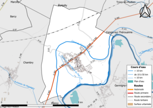 Carte en couleur présentant le réseau hydrographique de la commune