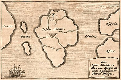 Tolkien wrote of Númenor as Atlantis.[T 4] Athanasius Kircher's 1669 map (here, inverted to place North at the top) places Atlantis between America and Europe (Hispania, Spain).