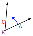 Oikea kylki on säde BA ja vasen kylki säde BC. Kulman lukeminen aloitetaan oikeasta kyljestä.