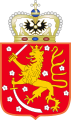 The coat of arms of the Grand Duchy of Finland was approved on October 26, 1809: "The shield has a red field covered with silver rosettes, in which a golden lion with a golden crown on his head is depicted, standing on a silver saber, which he supports with his left paw, and in his right he holds a silver sword raised up."