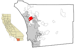 Location of San Marcos in San Diego County and the state of California. (The white portion in the southwestern quadrant is unincorporated Lake San Marcos.)