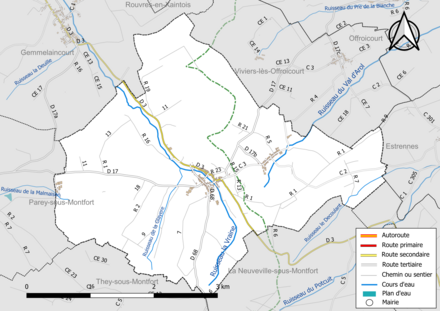 Carte en couleur présentant le réseau hydrographique de la commune