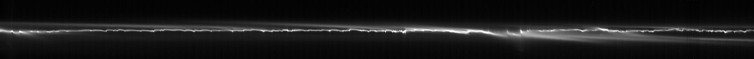 La ringo F, perturbata de satelitoj. (Rektigita mozaika vido de ĉirkaŭ 70 % el la ringo F. La radiusa larĝeco (alto de la bildo) estas 1 500 km)