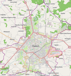 Mapa konturowa Radomia, na dole znajduje się punkt z opisem „Parafia św. Józefa Oblubieńca NMP”