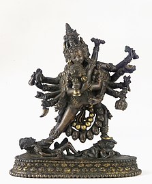 Sri Cakrasamvara and Vajravarahi. Copper, gilt, jewel inlay. Nepal, 16th-17th century