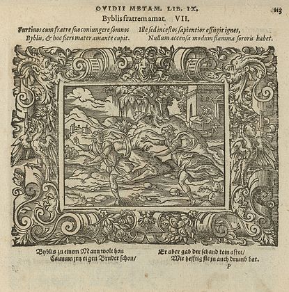 3. Byblis aime son frère, xylographie, illustration des Métamorphoses d'Ovide publiée par Johannes Posth, Rijksmuseum, Amsterdam.