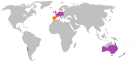 Kaniinin levinneisyys: luontainen oranssilla, istutusalueet violetilla.