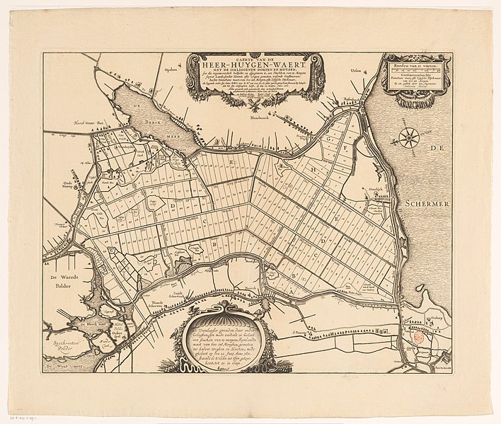 File:Kaart van de verlote kavels in de Heerhugowaard, 1631 Caerte van de Heer-Huygen-waert, met de omliggende dorpen en huysen, soo die tegenwoordich bedijckt ende afgegraven is (titel op object), RP-P-AO-7-29-1.jpg