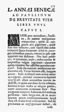 Paĝo 375 el "Pri la Mallongeco de Vivo". Eldono de 1643, publikigita fare de Francesco Baba.