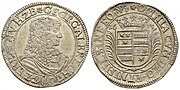 Gulden-Prägung aus der Münze der Grafschaft Erbach von 1675 mit Graf Georg Albrecht, Graf zu Erbach und Herr zu Breuberg (Avers), und dem erbach-breubergischen Wappen (Revers)