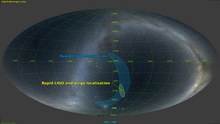 Carte du ciel en projection Mollweide (avec une forme d'ellipse). On peut y voir la localisation utilisant exclusivement les détecteurs LIGO, donnant une large zone, et une bien plus petite zone en ajoutant les données de Virgo.